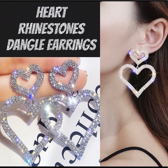 GLAMOROUS HEART RHINESTONES DANGLE DROP EARRINGS - Picture 2 of 6